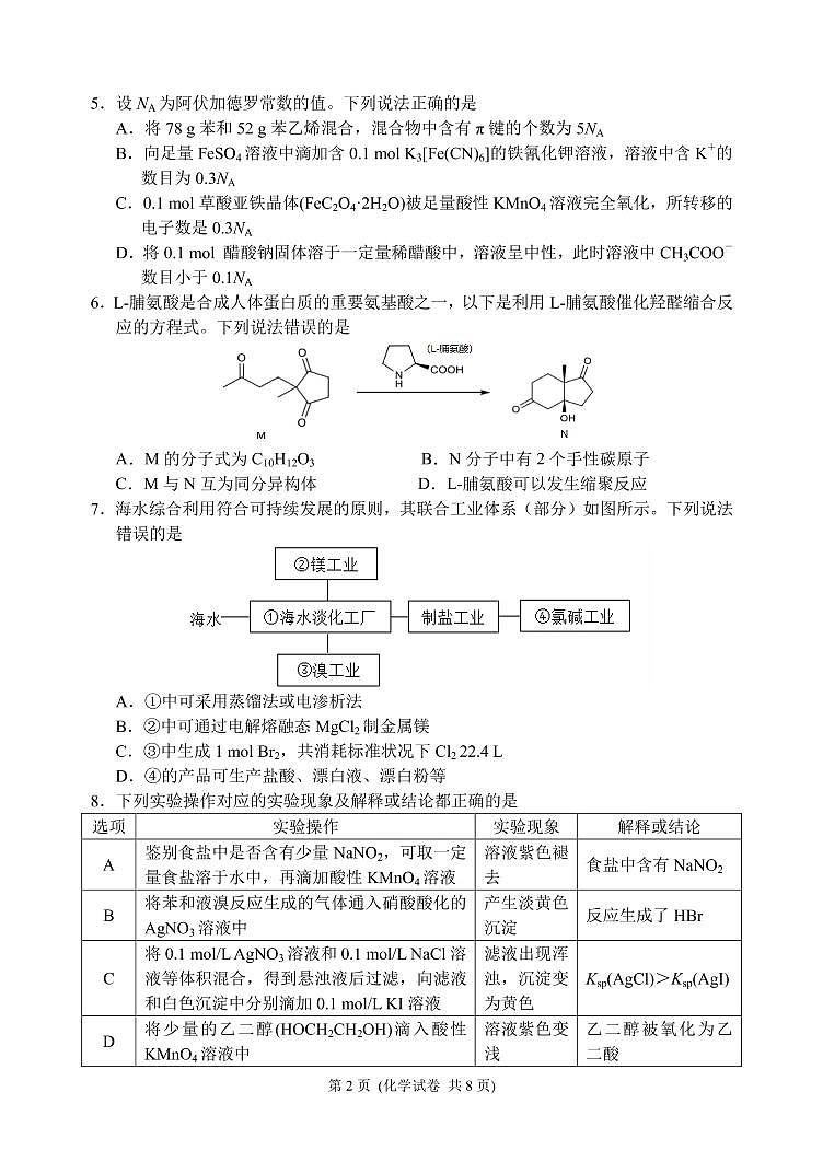辽宁省大连市2022届高三第一次模拟考试化学PDF版试题第2页