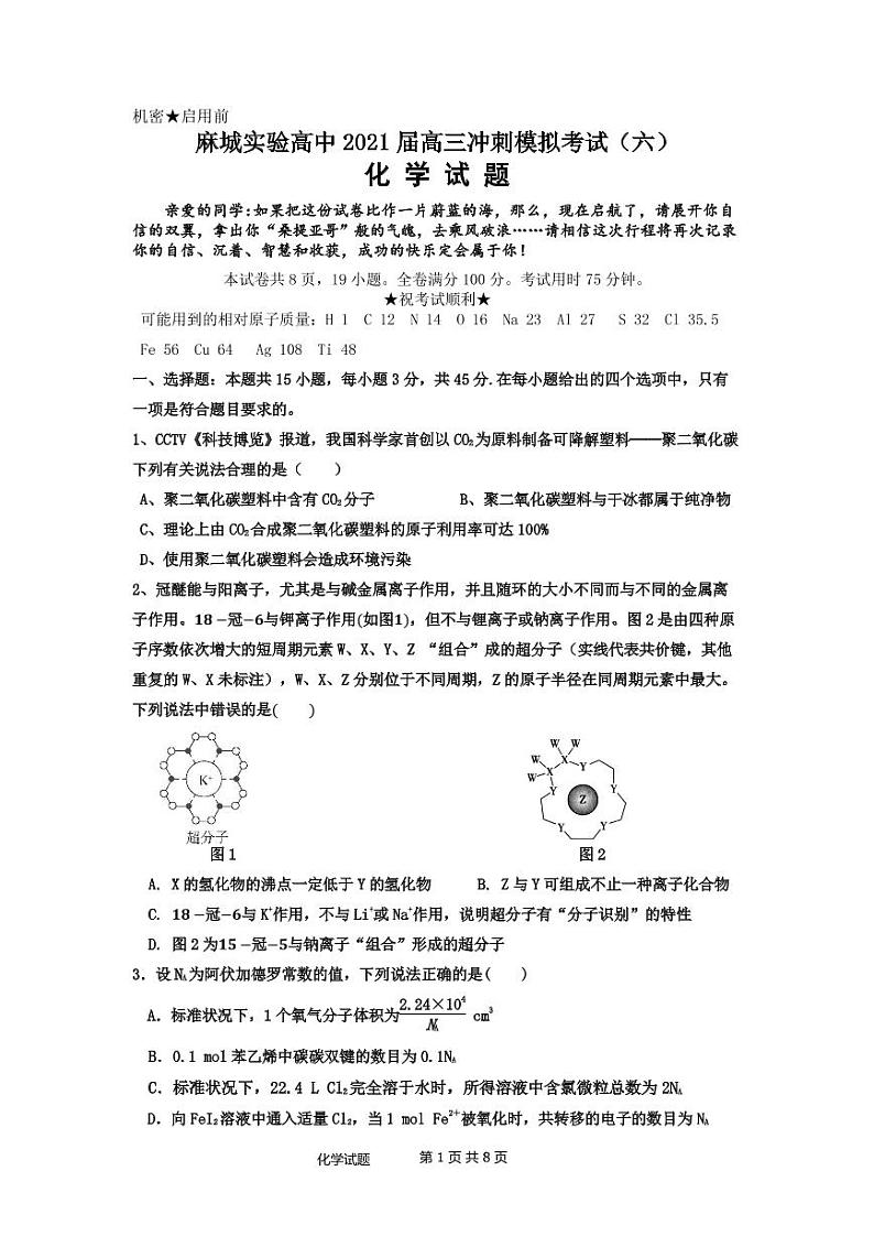 2021麻城实验高级中学高三下学期第六次模拟考试化学试卷PDF版含答案01