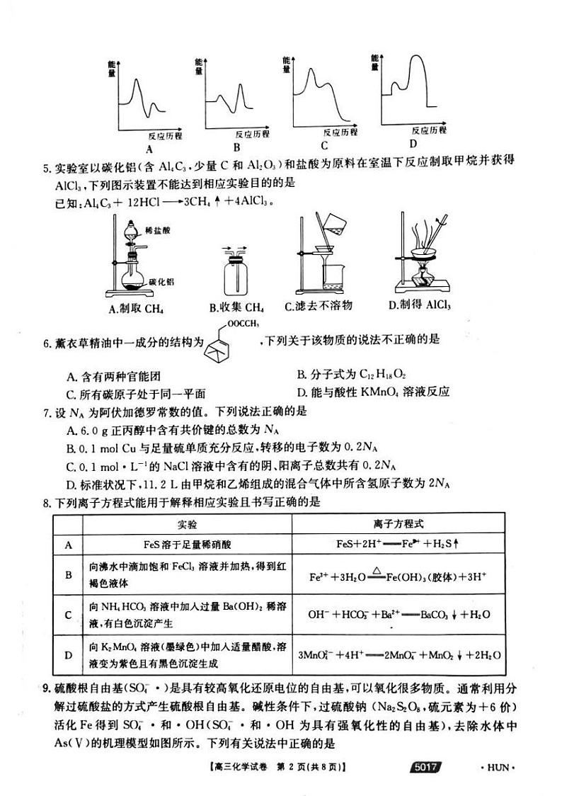 2021届湖南省永州市省重点中学高三5月联考化学试题第2页