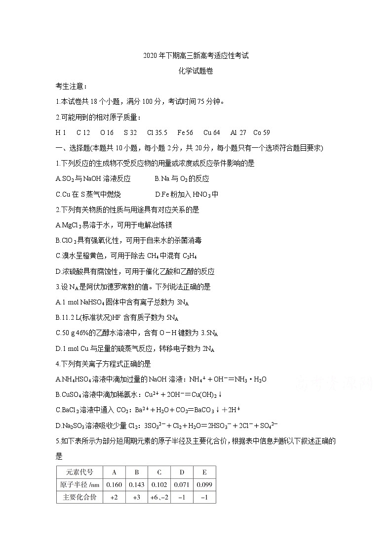 2021邵阳新邵县高三上学期新高考适应性考试化学含答案第1页