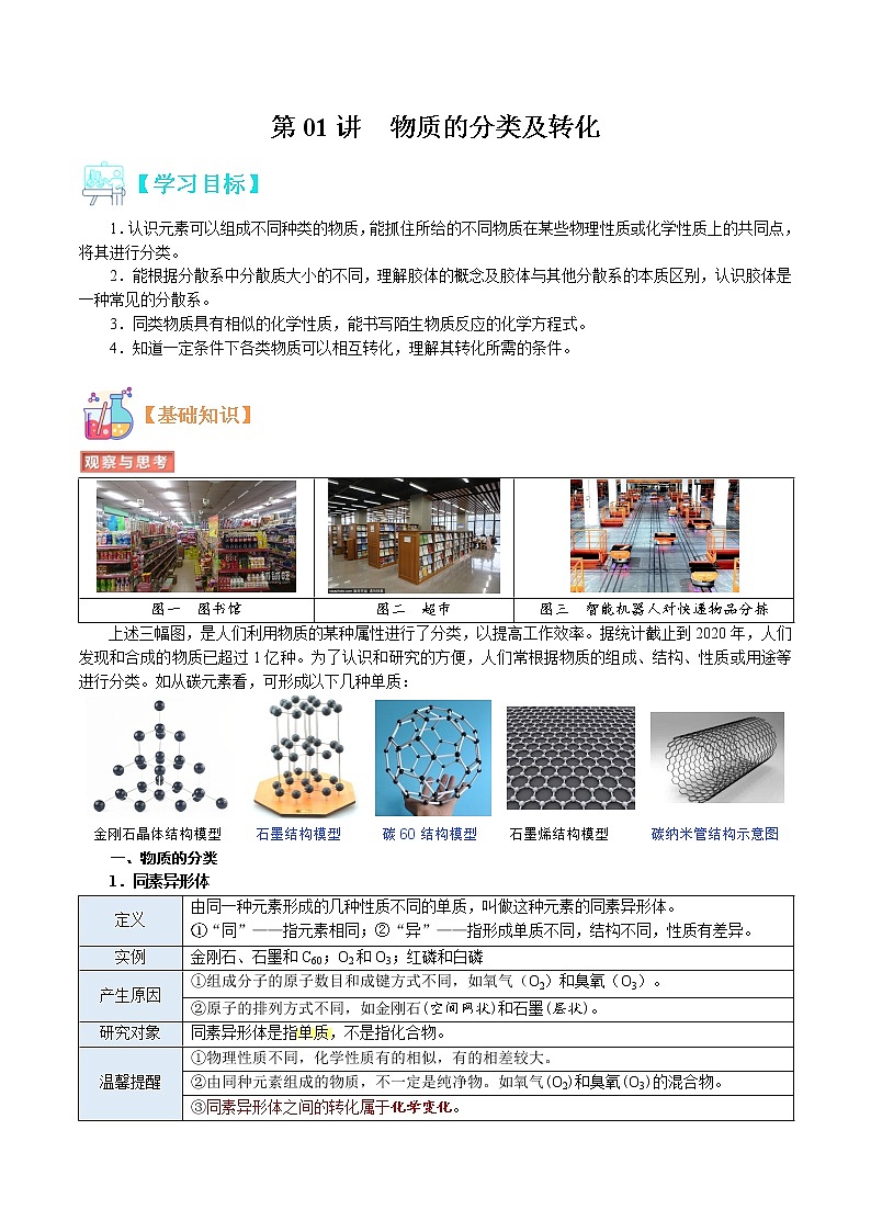 第01讲   物质的分类及转化-【暑假自学课】2022年新高一化学暑假精品课（人教版2019） 试卷01