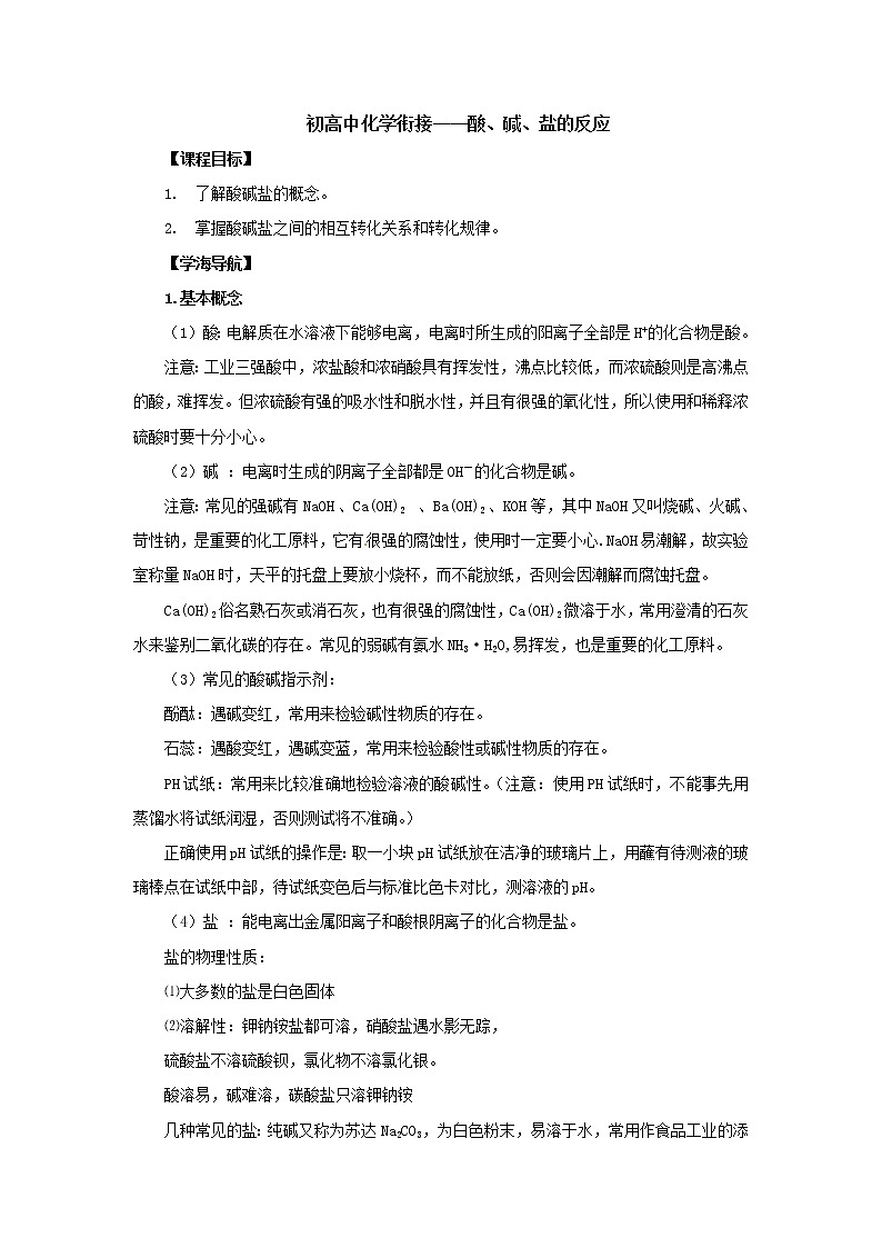 19.初高中化学衔接——酸、碱、盐的反应 学案01