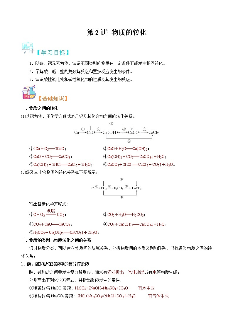 第02讲 物质的转化-【暑假自学课】2022年新高一化学暑假精品课（苏教版2019必修第一册） 试卷01
