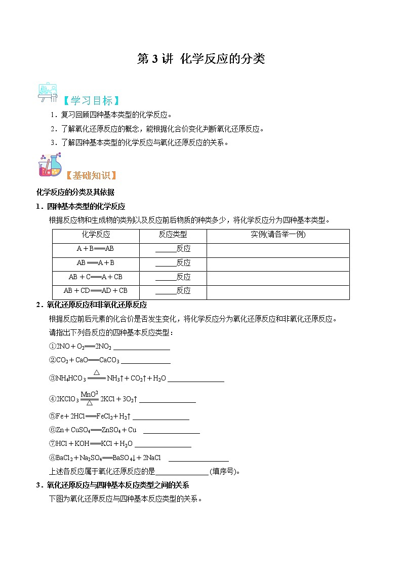第03讲 化学反应的分类-【暑假自学课】2022年新高一化学暑假精品课（苏教版2019必修第一册） 试卷01
