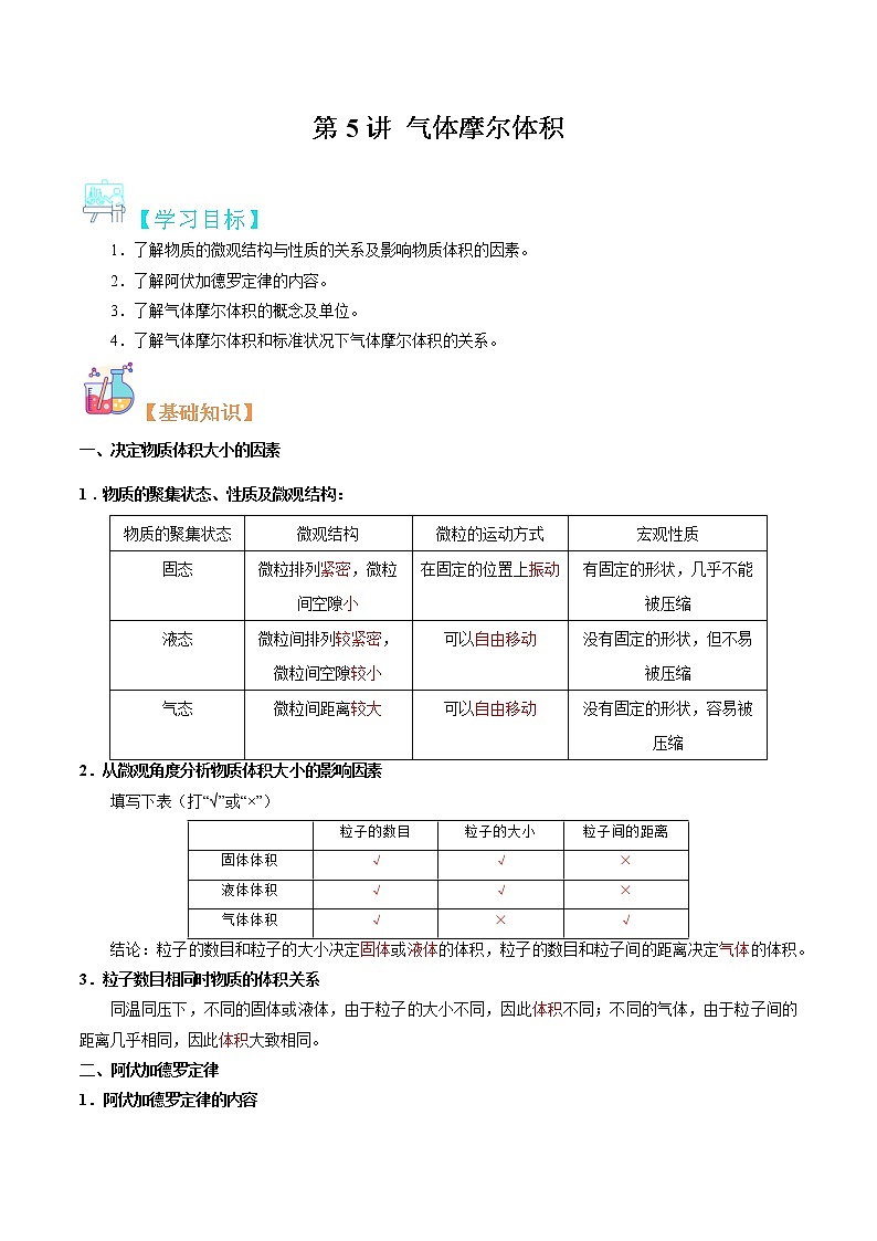 第05讲 气体摩尔体积-【暑假自学课】2022年新高一化学暑假精品课（苏教版2019必修第一册） 试卷01