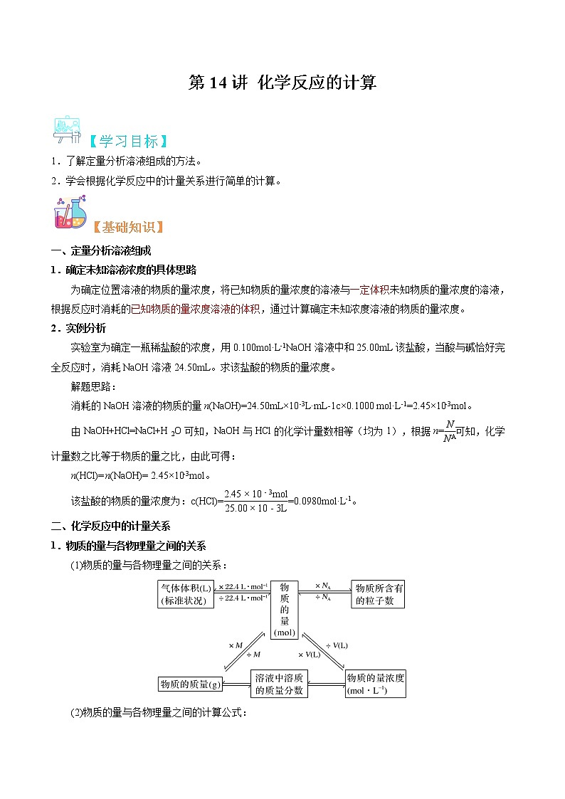 第14讲 化学反应的计算-【暑假自学课】2022年新高一化学暑假精品课（苏教版2019必修第一册）（解析版）第1页