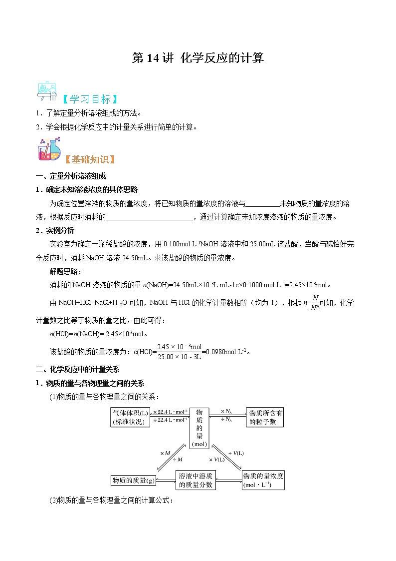 第14讲 化学反应的计算-【暑假自学课】2022年新高一化学暑假精品课（苏教版2019必修第一册）（原卷版）第1页