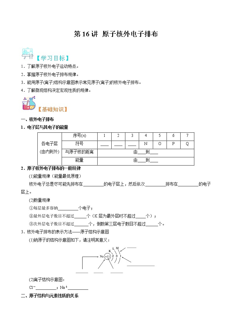 第16讲 原子核外电子排布-【暑假自学课】2022年新高一化学暑假精品课（苏教版2019必修第一册） 试卷01
