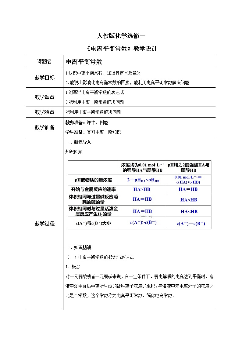 人教版化学选修一3.1.3《电离平衡常数》课件+教学设计01