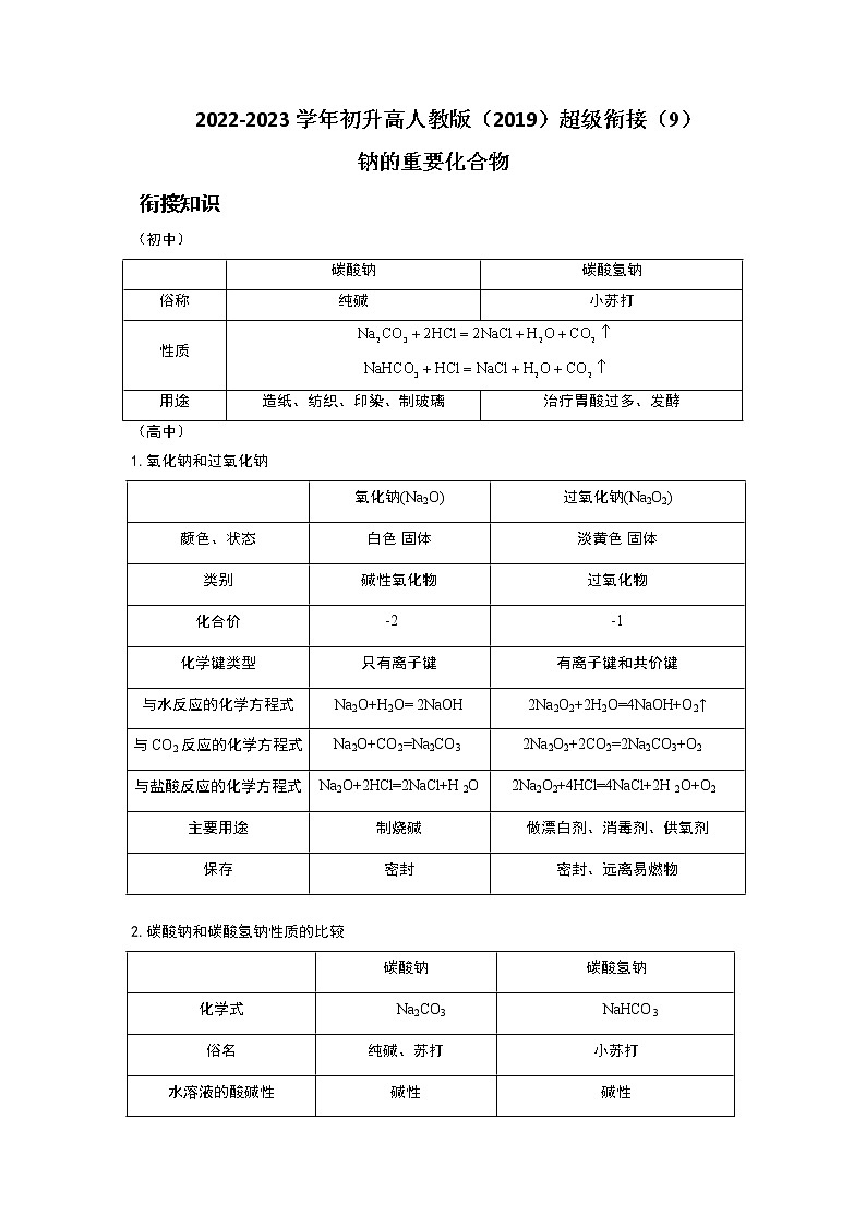 2022-2023学年初升高人教版（2019）超级衔接（9）钠的重要化合物 学案01
