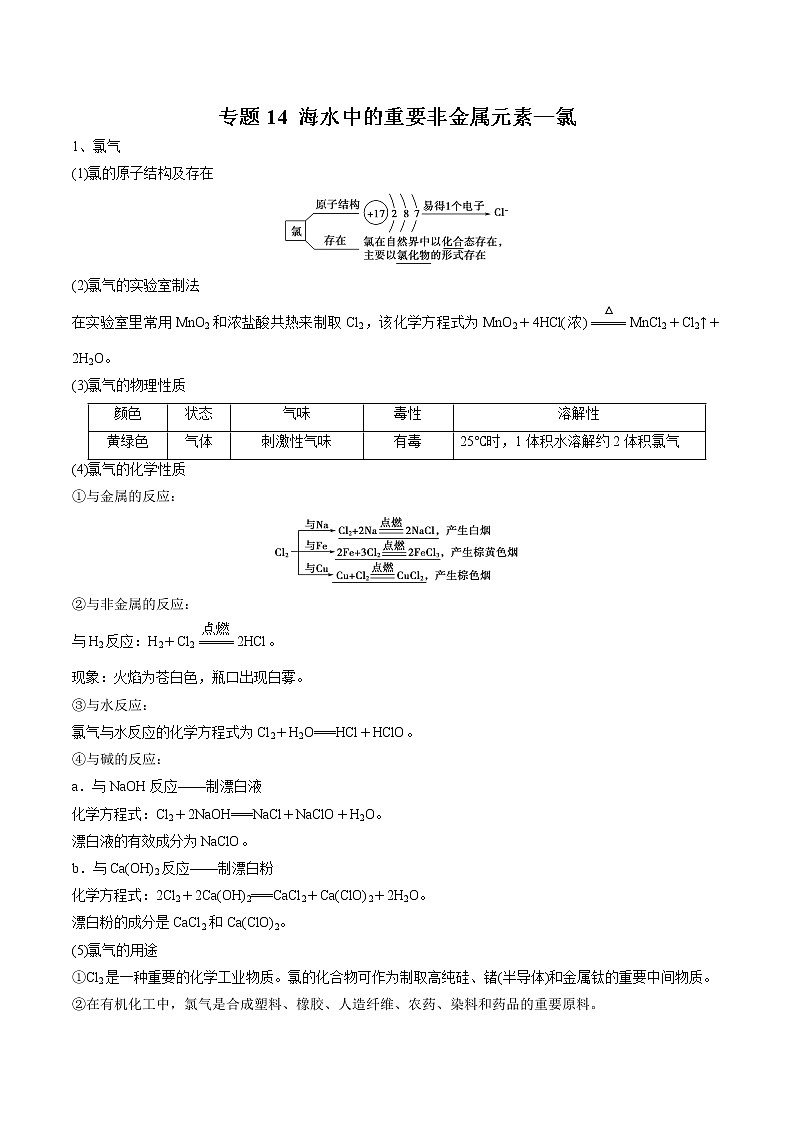 专题14 海水中的重要非金属元素—氯（讲解）-2019年初中升高中化学衔接教学案（原卷版）第1页