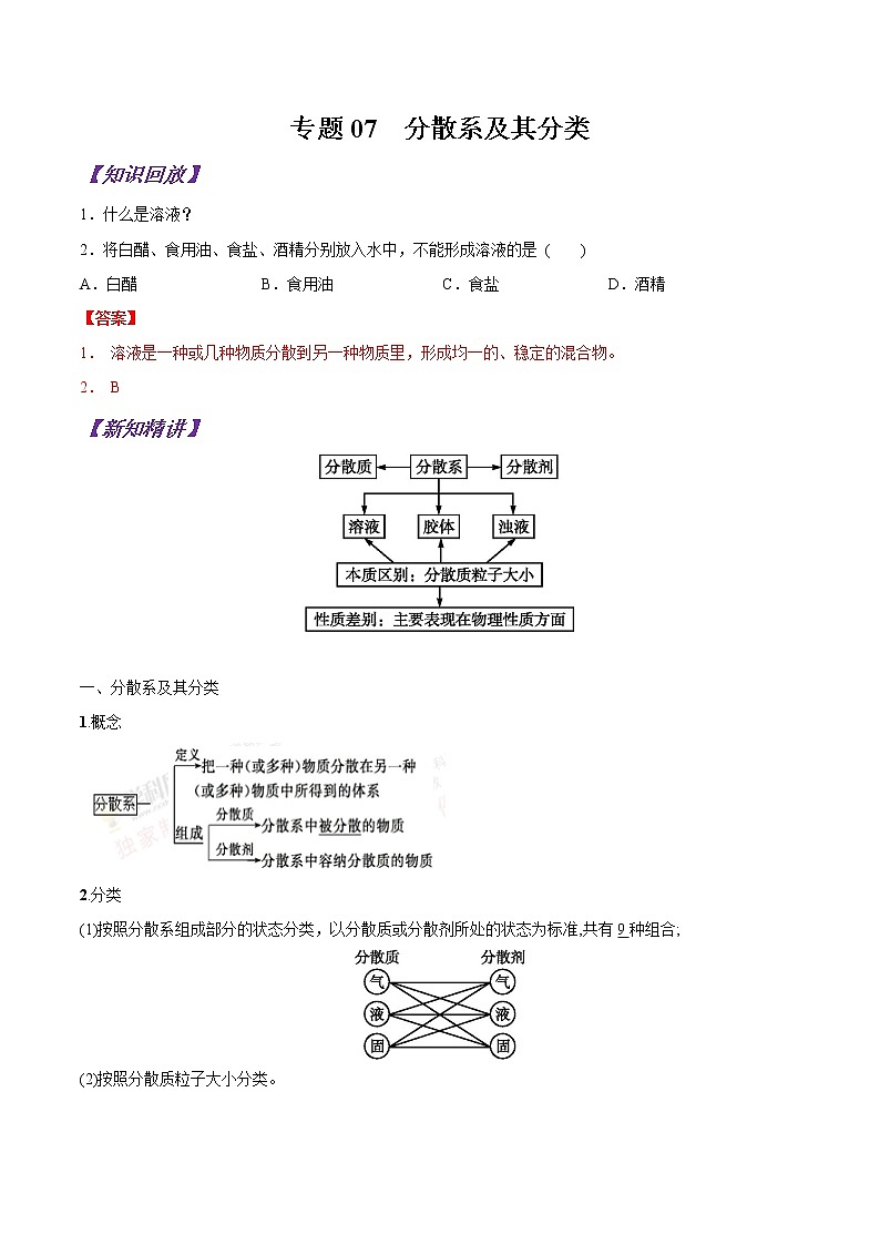 【最新版】初中升高高中化学衔接课程讲义专题07 分散系及其分类01