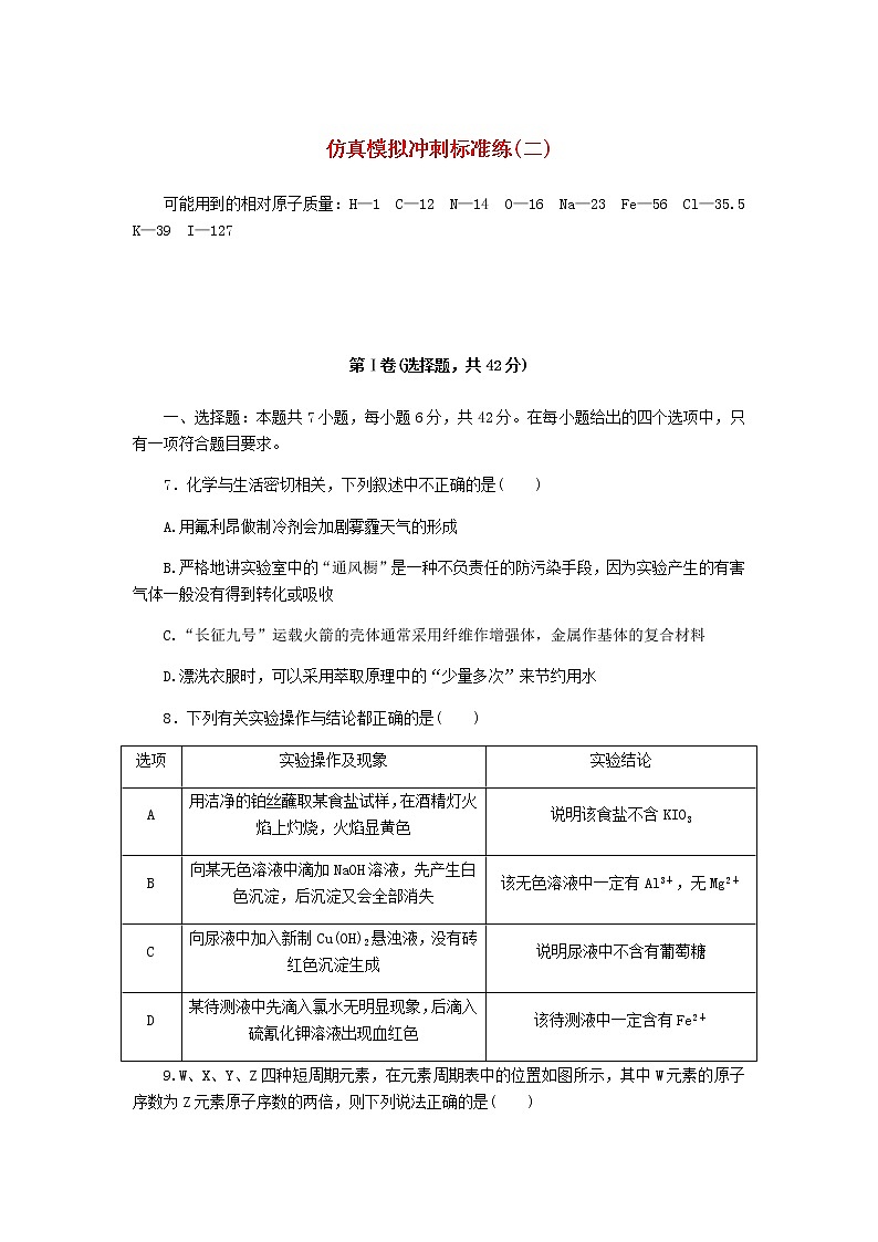 统考版高考化学复习仿真模拟冲刺标准练（二）含答案第1页