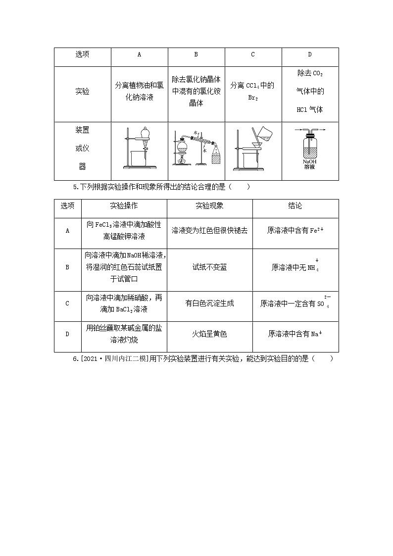 统考版高考化学复习高频考点分层集训第十单元化学实验基础课练30物质的检验分离和提纯含答案第2页