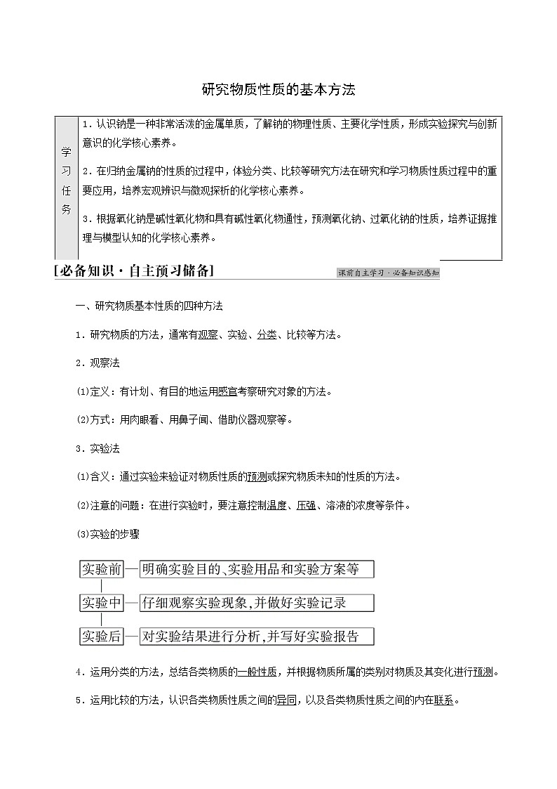 鲁科版高中化学必修第一册第1章认识化学科学第2节基础课时2研究物质性质的基本方法学案01