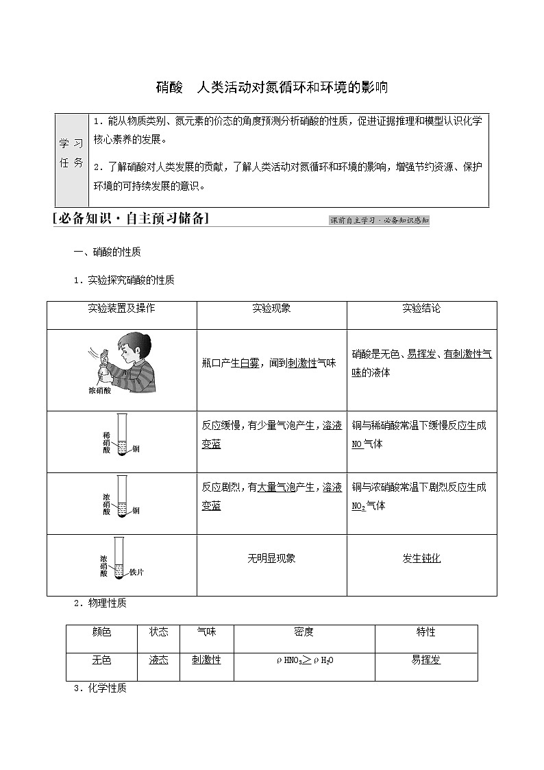 鲁科版高中化学必修第一册第3章物质的性质与转化第3节基础课时19硝酸人类活动对氮循环和环境的影响学案01