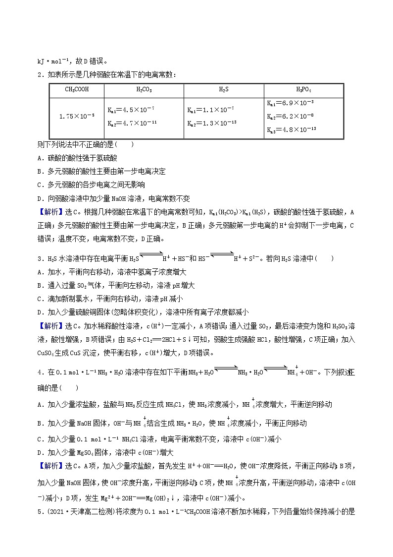 人教版高中化学选择性必修1第3章水溶液中的离子反应与平衡第1节电离平衡基础达标练含答案第2页