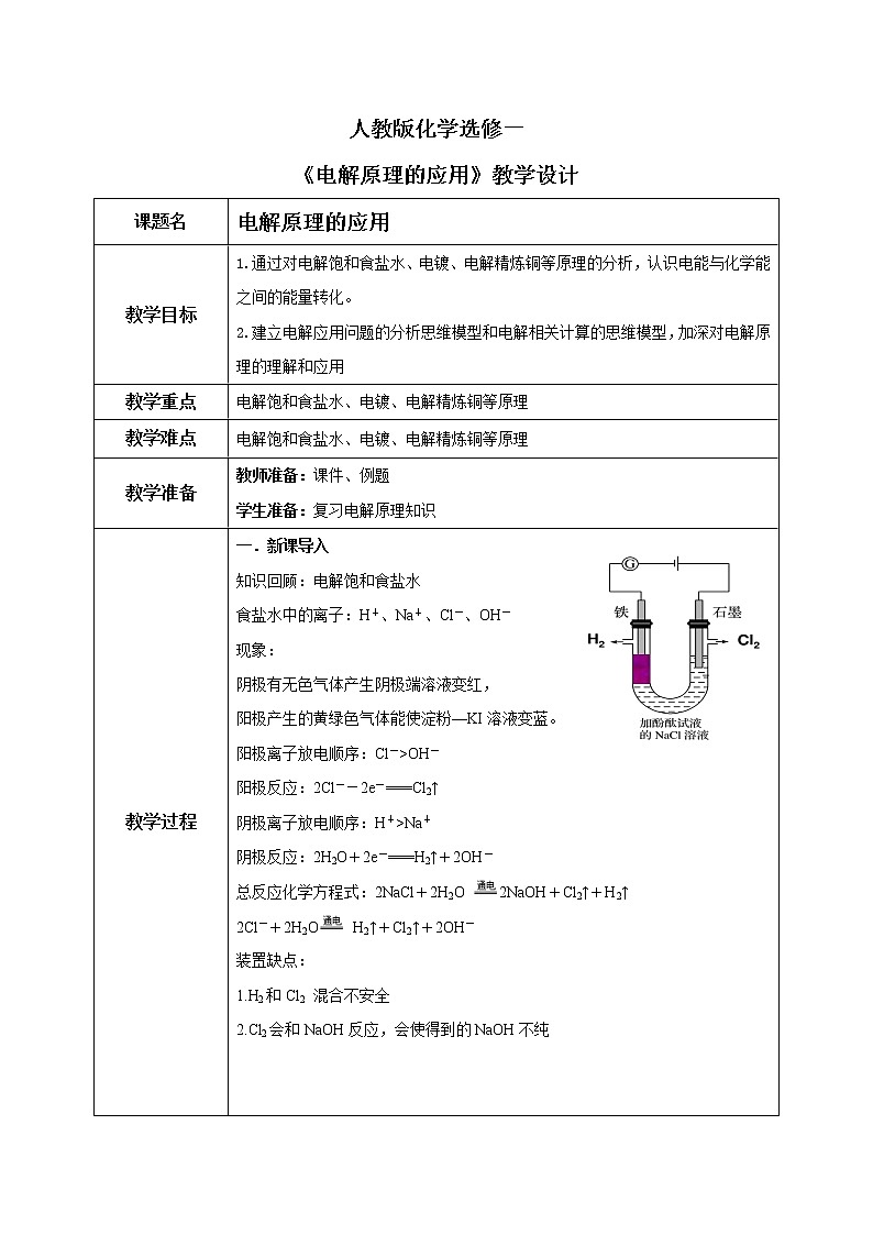 人教版化学选修一4.2.2《电解原理的应用》教学设计第1页