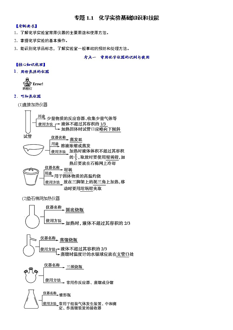专题1.1 化学实验基础知识和技能-备战2023年高考化学新编大一轮复习讲义01
