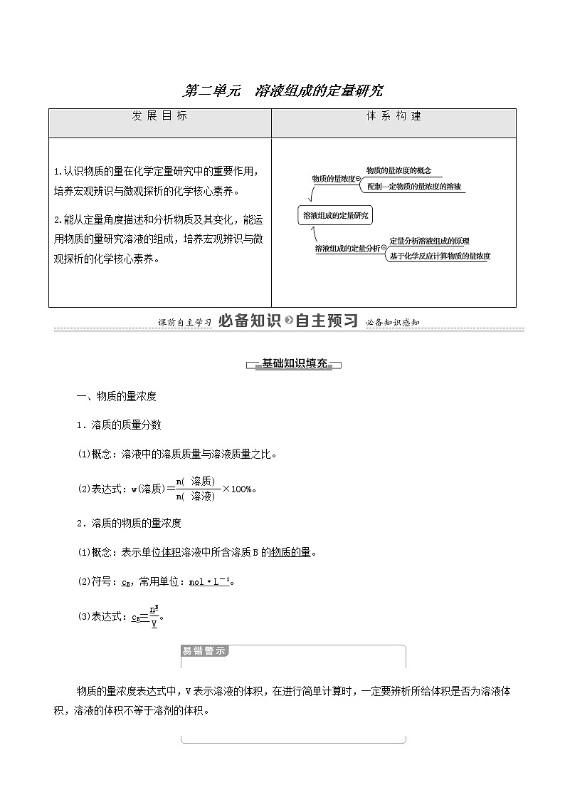苏教版高中化学必修第一册专题2研究物质的基本方法第2单元溶液组成的定量研究学案第1页