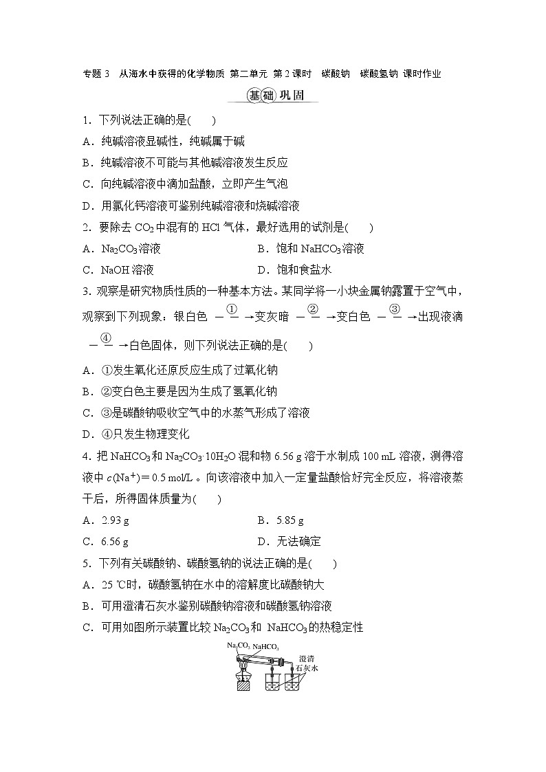 专题3 从海水中获得的化学物质 第二单元 第2课时碳酸钠碳酸氢钠 课时作业01