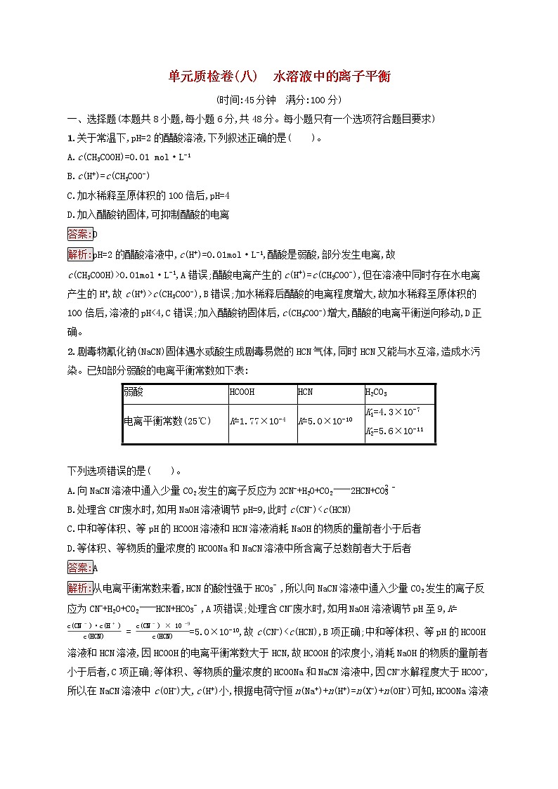 广西专用2022年高考化学一轮复习单元质检卷8水溶液中的离子平衡含解析新人教版01
