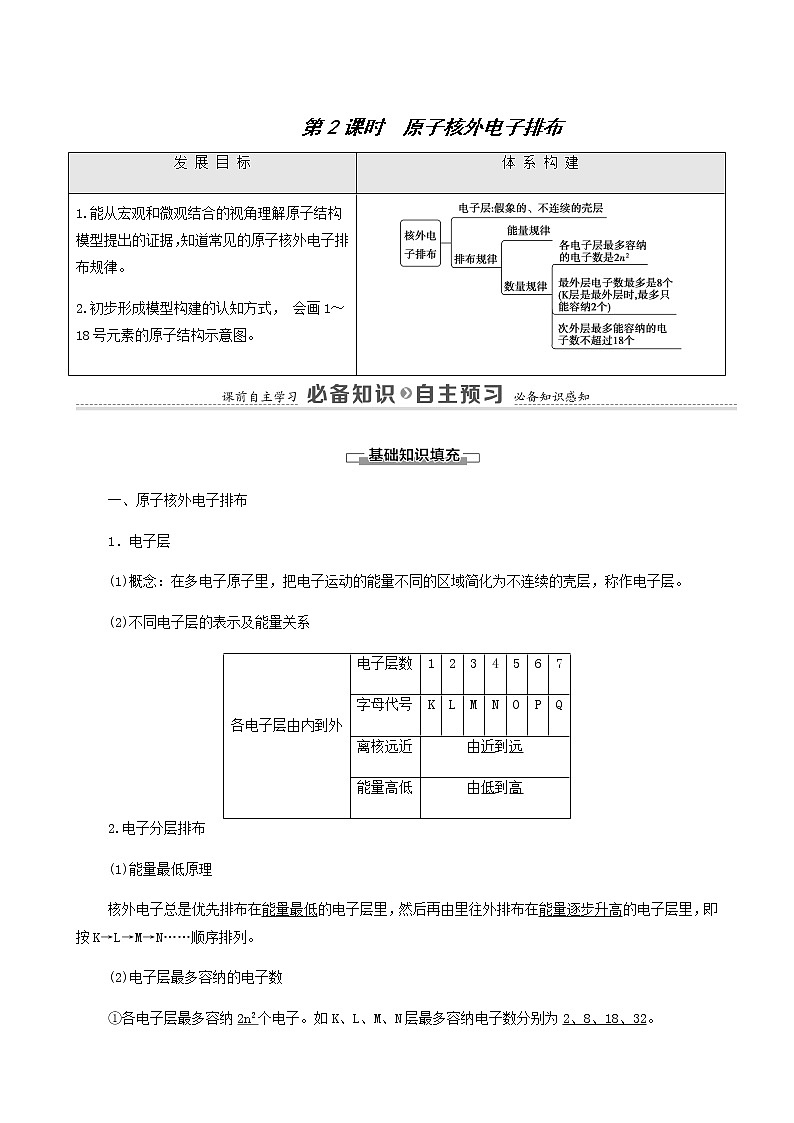 苏教版高中化学必修第一册专题2研究物质的基本方法第3单元第2课时原子核外电子排布学案01