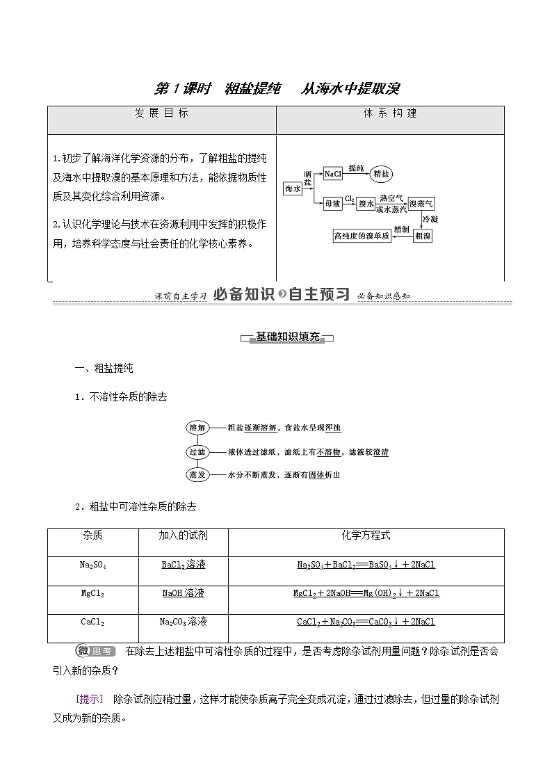 苏教版高中化学必修第一册专题3从海水中获得的化学物质第3单元第1课时粗盐提纯从海水中提取溴学案01