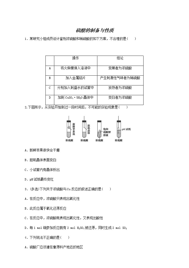 苏教版高中化学必修第一册专题4硫与环境保护1.2硫酸的制备与性质课时作业含答案01