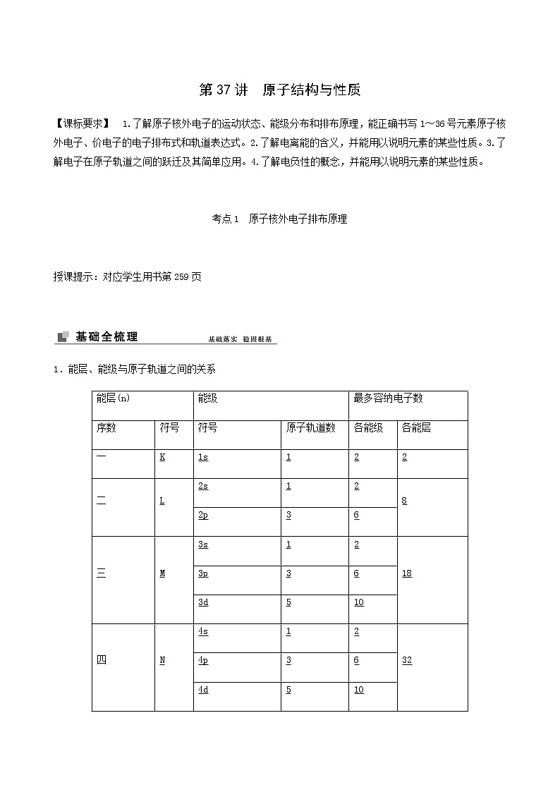 苏教版高考化学一轮复习专题12物质结构与性质第37讲原子结构与性质学案01