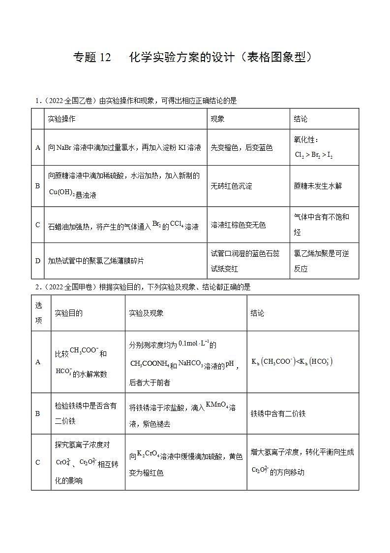 2020-2022近三年全国高考化学真题汇编 专题12 化学实验方案的设计（表格图象型） (含答案解析)01