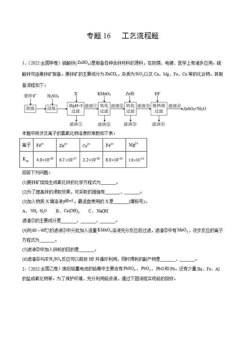 专题16 工艺流程题（原卷版）第1页