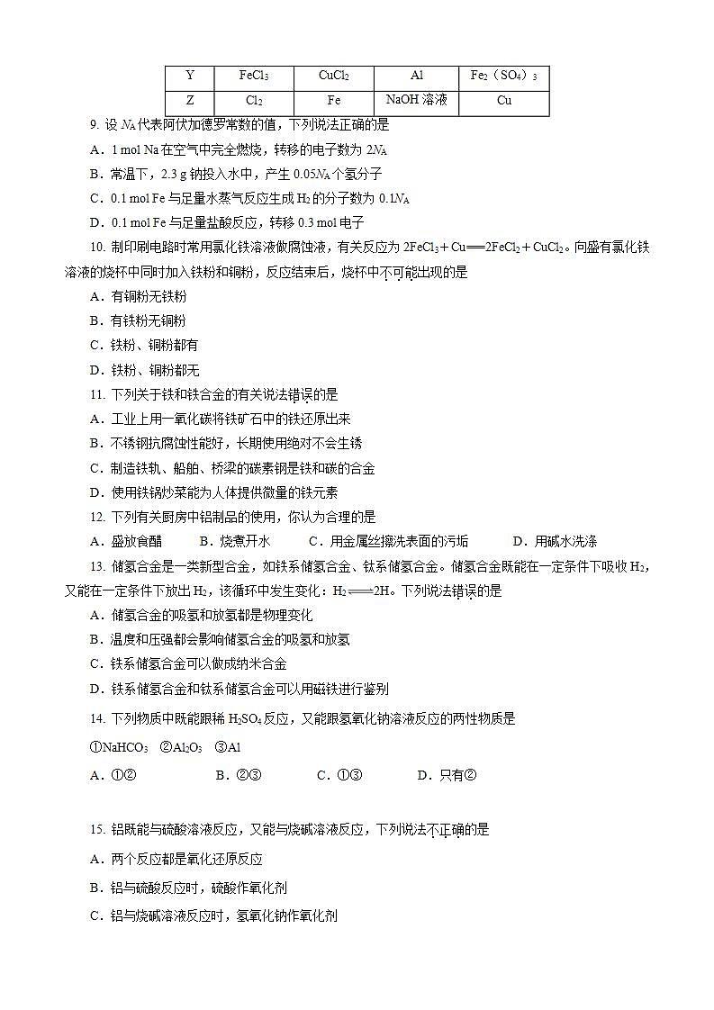 高中化学必修一 第03章 铁 金属材料A卷基础强化篇）原卷版）第3页