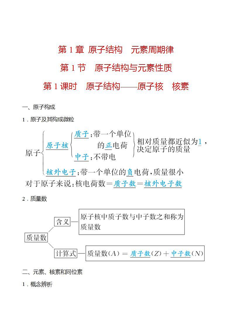 第1章 第1节 第1课时 原子结构——原子核 核素 学案 2022-2023学年高一化学鲁科版（2019）必修第二册01
