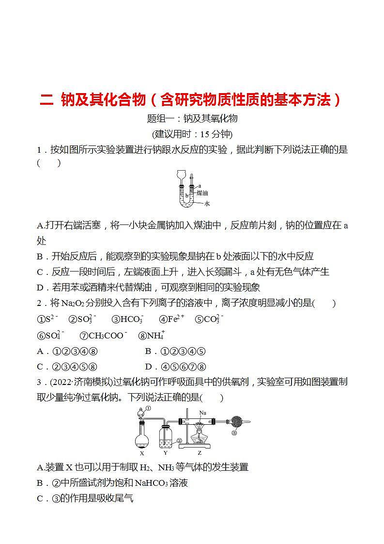 鲁科版 2023高考化学 一轮复习 二 钠及其化合物（含研究物质性质的基本方法） 课时练习01