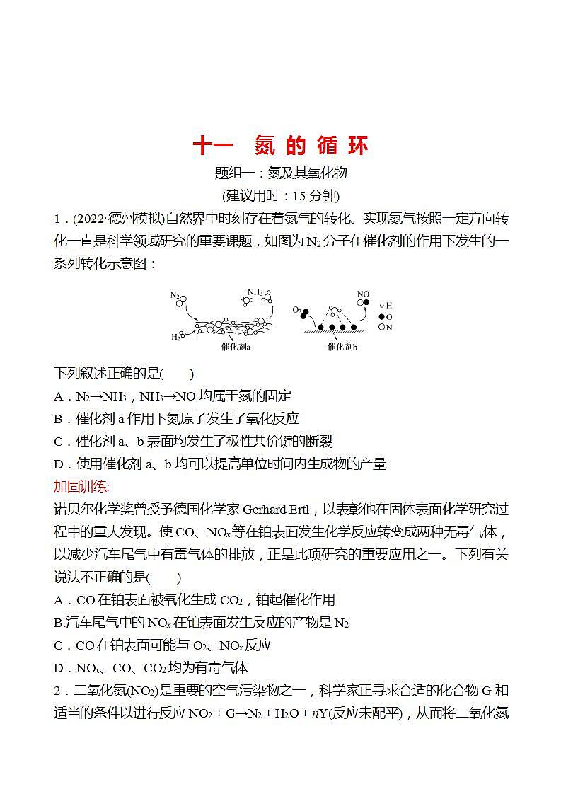 鲁科版 2023高考化学 一轮复习 十一 氮 的 循 环 课时练习01