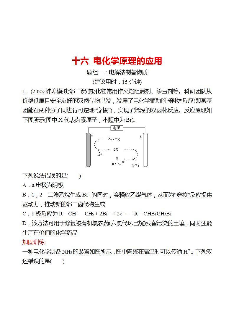 鲁科版 2023高考化学 一轮复习 十六 电化学原理的应用 课时练习 （学生版）第1页