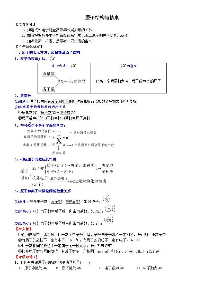 高中化学必修一 课时4.1 原子结构及核素20202021学年精品讲义）01
