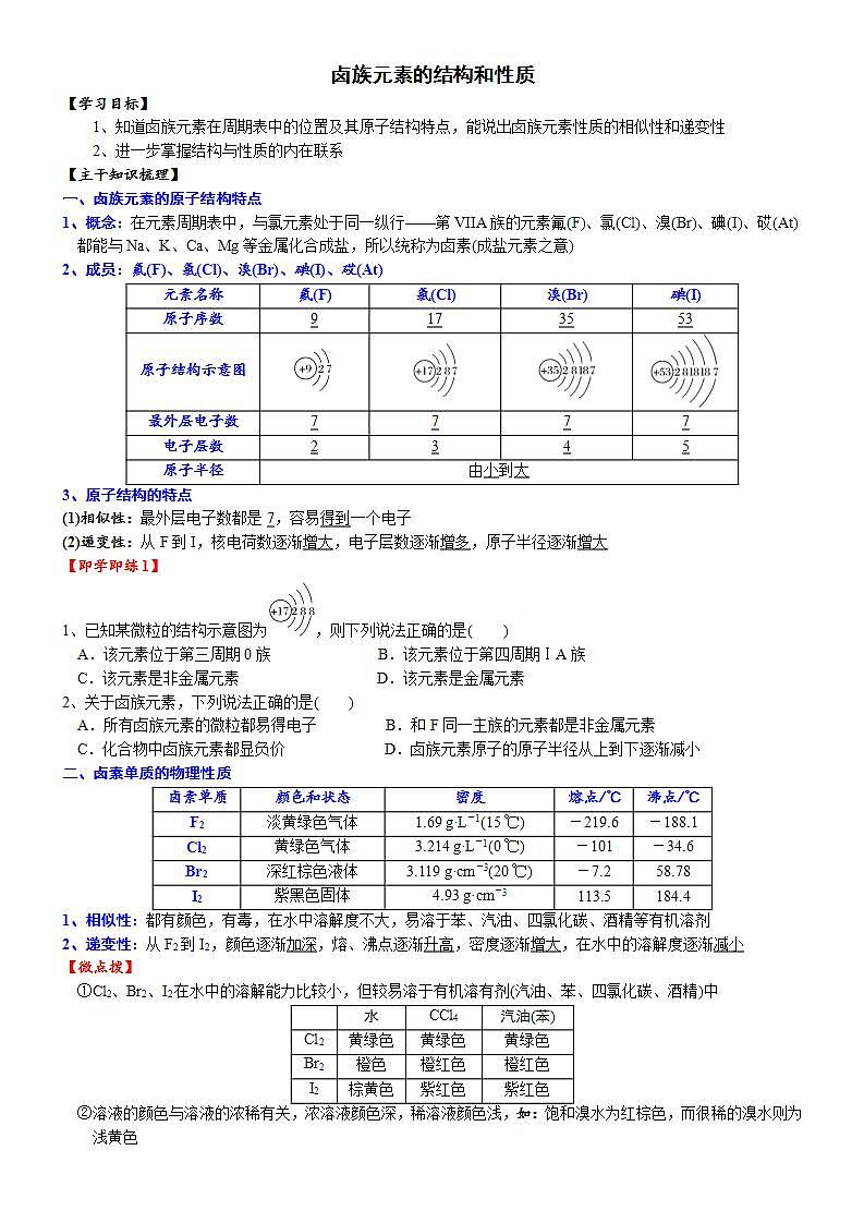 高中化学必修一 课时4.4 卤族元素的结构和性质20202021学年精品讲义）第1页