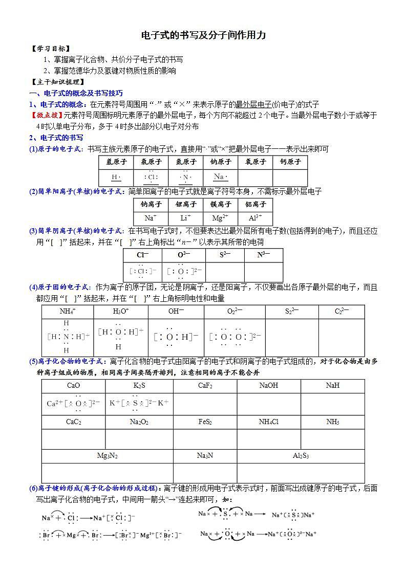 高中化学必修一 课时4.8 电子式的书写及分子间作用力20202021学年精品讲义）第1页