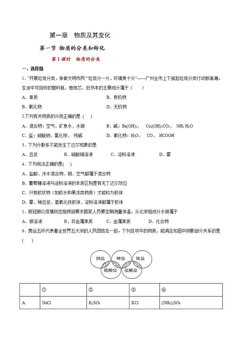 高中化学必修一 专题1.1.1 物质的分类备作业））原卷版）01