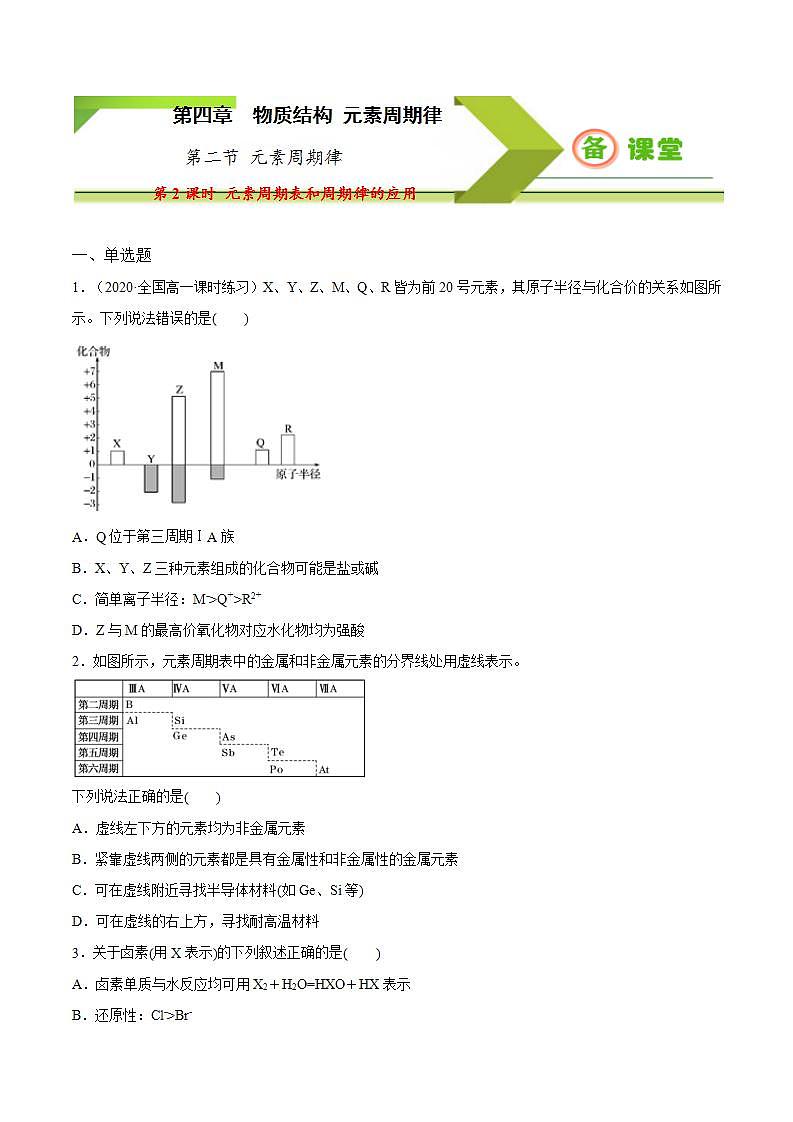高中化学必修一 专题4.2.2 元素周期表和周期律的应用备作业））原卷版）01