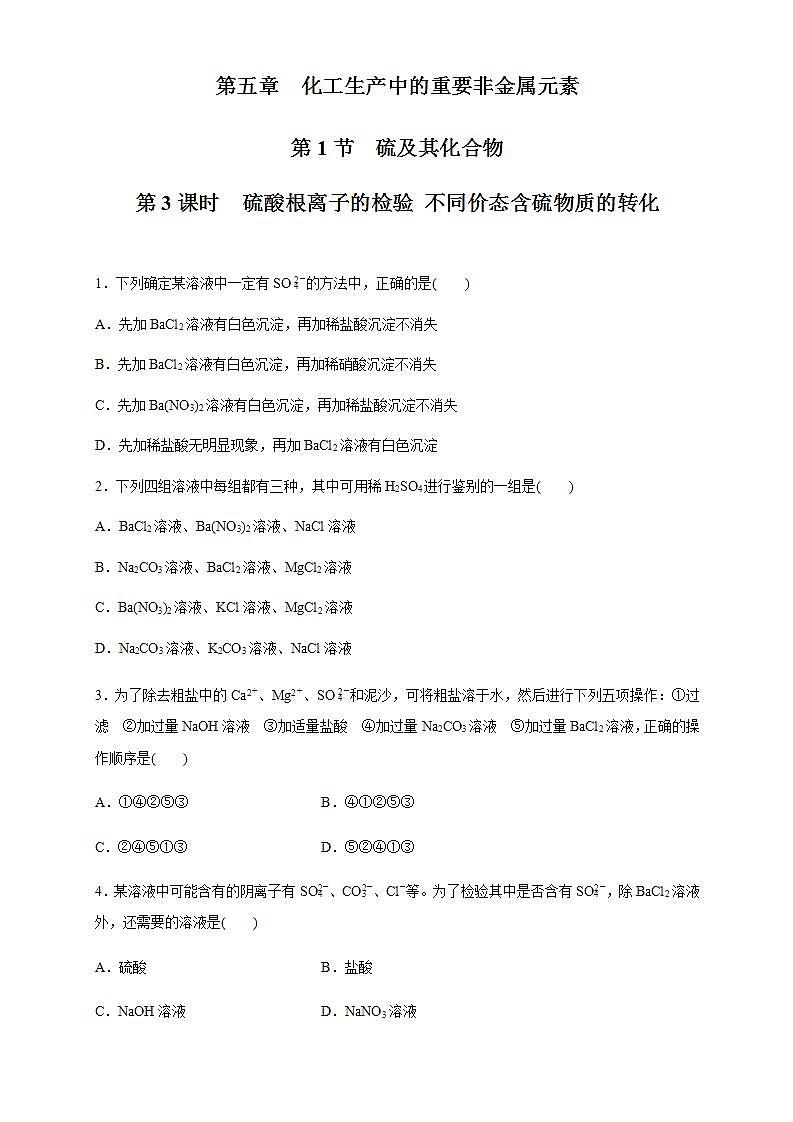 高中化学必修2 5.1.3 硫酸根离子的检验 不同价态含硫物质的转化 练习新原卷版）01