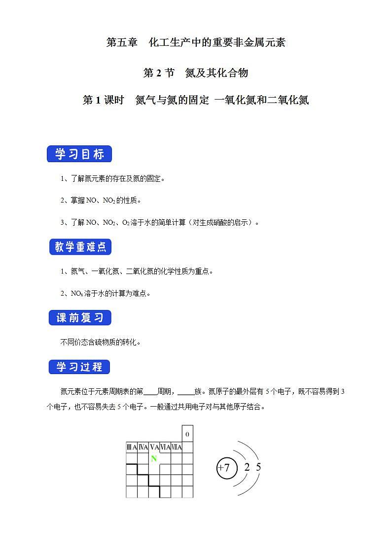 高中化学必修2 5.2.1 氮气与氮的固定 一氧化氮和二氧化氮 学案第1页