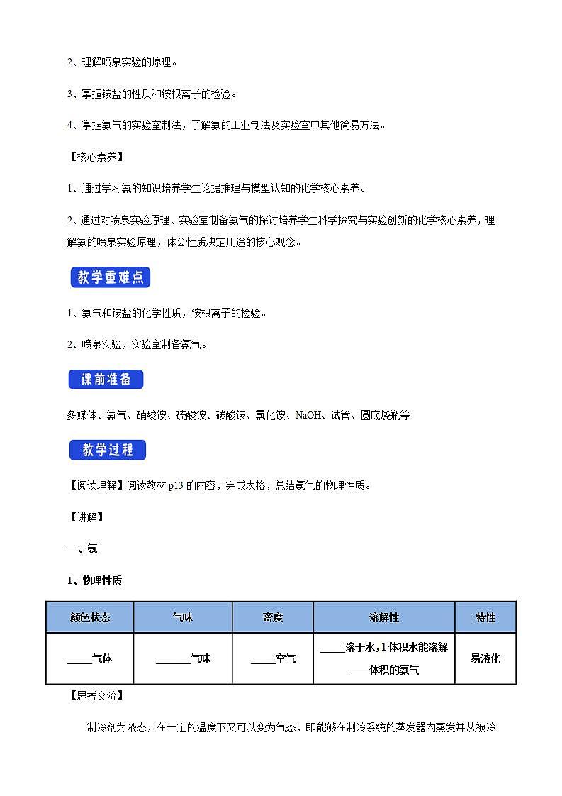 高中化学必修2 5.2.2 氨和铵盐 教学设计02