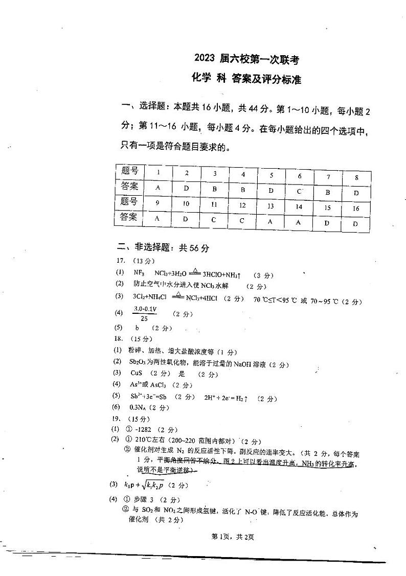 2023届广东省六校高三第一次联考化学答案第1页