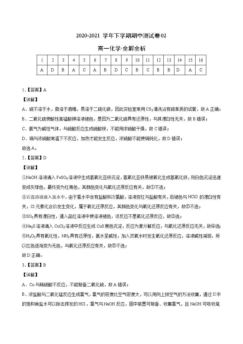 高中化学必修2 精品试卷：高一化学下学期期中试卷02新全解全析）第1页