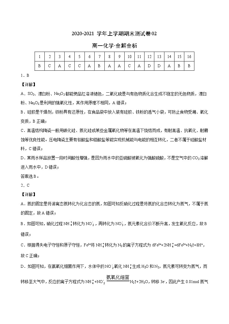高中化学必修2 高一化学上学期期末测试卷新2019）02新全解全析）第1页