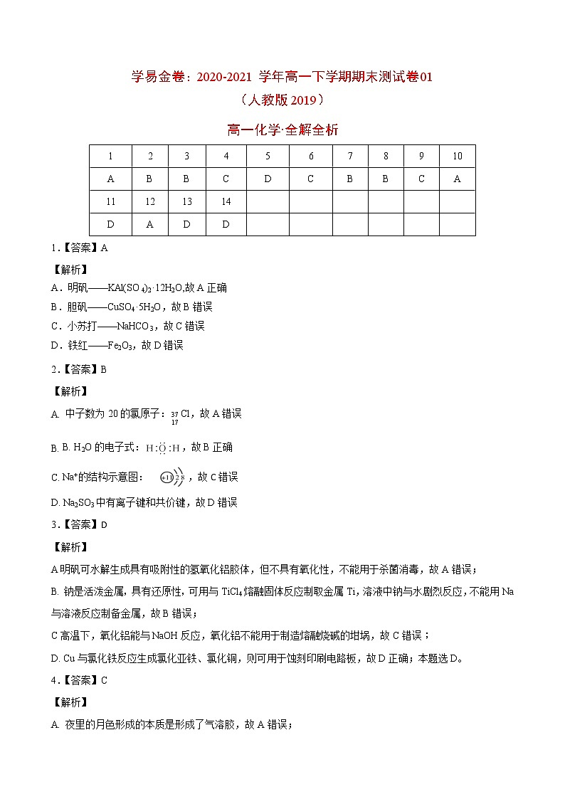 高中化学必修2 高一化学下学期期末测试卷新2019江苏专用）01新全解全析）第1页