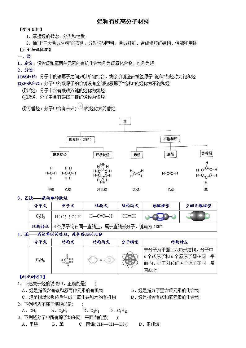 高中化学必修2 课时7.2.2 烃和有机高分子材料高一化学精品讲义第1页